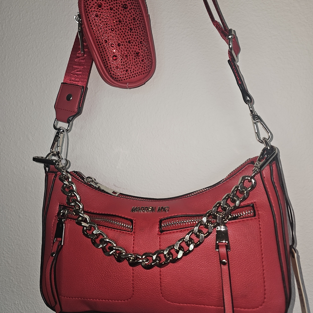 Madden Girl Red Shoulder Bag with Chain Detail